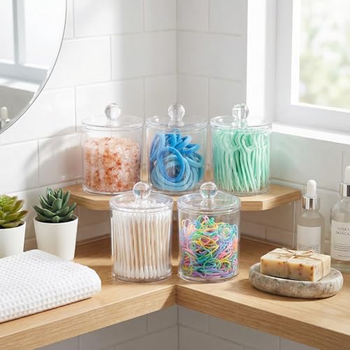SheeChung 3 Pack Acrylic Qtip Holder with Labels, Qtip Jars for Bathroom