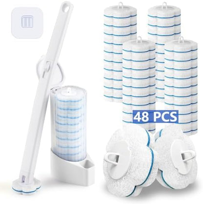 Disposable Toilet Brush and Holder Set with 48 Toilet Cleaner Refills，Toilet Bowl Brush Kit with Refill Pads Disposable Toilet Cleaning System for Toilet Bowl，Bathtub，Bathroom - White