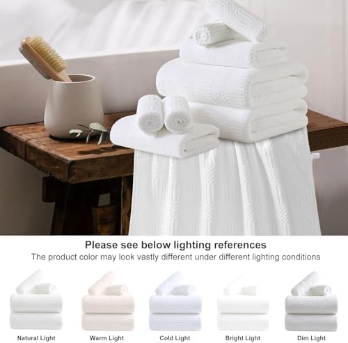 18 Pcs White Woven Family Towels Set-6 Bath Sheets,6 Hand Towels,6 Washcloths Soft Polyester Towels Absorbent Shower Towel Quick Dry Beach Chair Towel Lint Less Towels Set for Bathroom Spa Gym Hotel