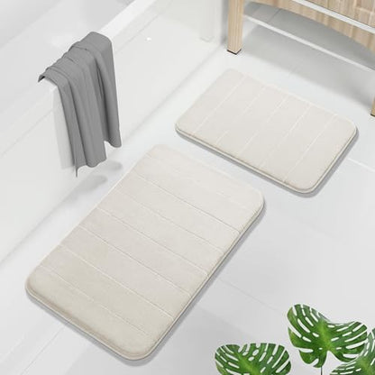 Yimobra Memory Foam Bathroom Rugs Sets 2 Piece - Super Soft Absorbent Quick Dry Bath Mat Set, Machine Washable Non Slip Floor Carpet for Tub Shower & Single Sink (17x24 & 31.5x20 Inch, Cream White)