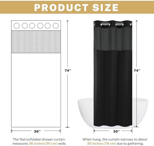 WONICY Small No Hook Shower Curtain with Liner, Black, 36 x 74 Inch