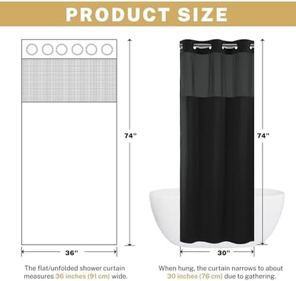 WONICY Small No Hook Shower Curtain with Liner, Black, 36 x 74 Inch