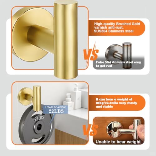 5 Pieces Bathroom Hardware Accessories Set Brushed Gold, 24Inch Bathroom Towel Rack Set SUS304 Stainless Steel, Round Toilet Paper Holder Heavy Duty, Wall Mounted