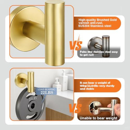 5 Pieces Bathroom Hardware Accessories Set Brushed Gold, 24Inch Bathroom Towel Rack Set SUS304 Stainless Steel, Round Toilet Paper Holder Heavy Duty, Wall Mounted
