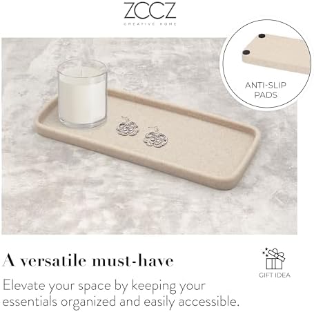 ZCCZ Bathroom Accessory Sets, 4 Pieces Bathroom Accessories Complete Set Vanity Countertop Accessory Set Marble Look, Includes Lotion Dispenser Soap Pump, Tumbler, Toothbrush Holder and Tray (Beige)