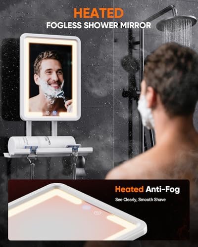 Heated Shower Mirror Fogless for Shaving (Gen 3) - 3 Colors Stepless Dimmable Lights, Anti-Fog Shaving Mirror with Razor Holder, No-Drilling, Removable - White