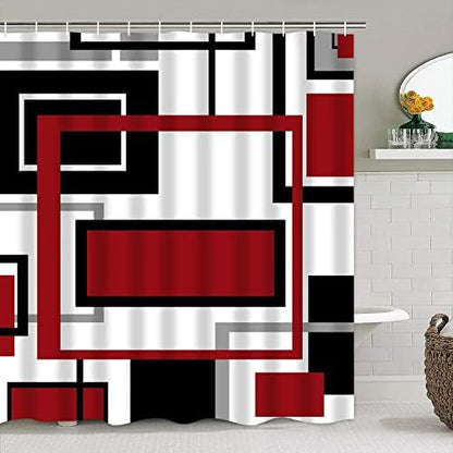 Yddsky 4 Pcs Red Geometric Shower Curtain Set with Rugs Bathroom Set
