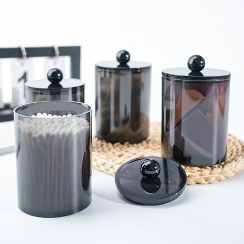 4 Pcs Acrylic Qtip Holder, Cotton Ball Holder Jars with Lids, Black