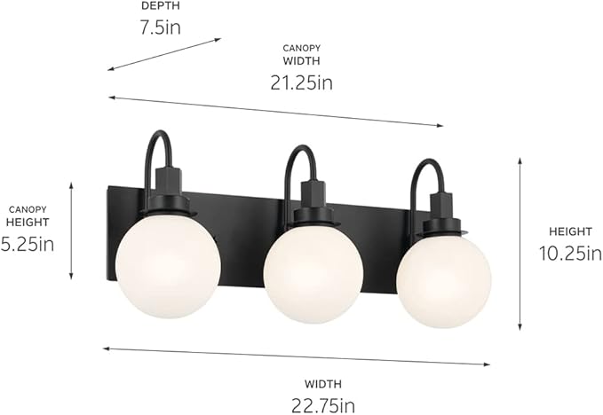 Kichler Hex 3-Light Vanity Light, Modern Light with Opal Glass in Black, Install Up or Down, Damp Rated, for Bathroom Vanity (22.75" x 10.25"), 55151BK