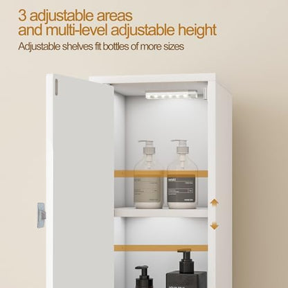 Bathroom Storage Cabinet, Tall Narrow Storage Cabinet with USB Light, White