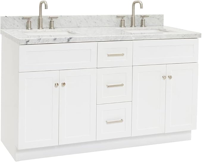 ARIEL Hamlet 60-inch Bathroom Vanity with Sink,Solid Wood, 1.5-inch Italian Carrara Marble Countertop, Double Rectangular Porcelain Sink, 4 Soft Closing Doors, 3 Dovetail Drawers, White