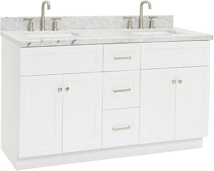 ARIEL Hamlet 60-inch Bathroom Vanity with Sink,Solid Wood, 1.5-inch Italian Carrara Marble Countertop, Double Rectangular Porcelain Sink, 4 Soft Closing Doors, 3 Dovetail Drawers, White