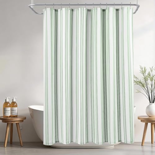 ORTIGIA Green Striped Shower Curtain 72x72 Inch, Waffle Textured Heavy Duty Thick Cloth Fabric Shower Curtains with 12 Metal Hooks,Green and White Bath Bathroom Shower Curtain