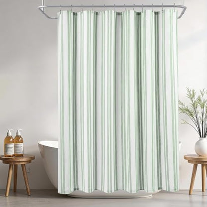 ORTIGIA Green Striped Shower Curtain 72x72 Inch, Waffle Textured Heavy Duty Thick Cloth Fabric Shower Curtains with 12 Metal Hooks,Green and White Bath Bathroom Shower Curtain