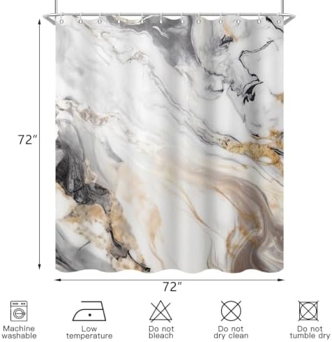 Beige Marble Shower Curtain Modern Abstract Luxury Gold Ink Texture Gray Ombre Watercolor Bathroom Curtain Set with Hooks Soft and Lightweight Waterproof Fabric Machine Washable 66" WX72 L