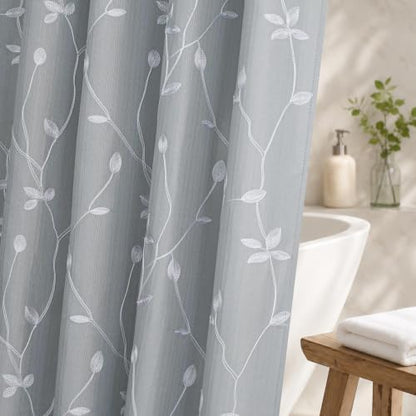 Embroidered Leaf Farmhouse Shower Curtain,Faux Linen,72Wx72L,Grey
