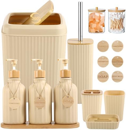 Bathroom Set 17PCS Beige Bathroom Accessories Set Bathroom Sets with Trash Can 3PCS Lotion Soap Dispenser, Toothbrush Holder,6PCS Wood Tags Bathroom Accessories for Kitchen Bathroom