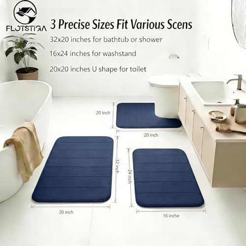 Memory Foam Bath Mat Set 3 Piece，Super Soft Absorbent Bathroom Rug Non Slip, Quick Dry,Machine Wash, Perfect Plush Bathroom Rugs,Home Decor Accessories,Navy Blue