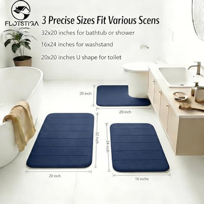 Memory Foam Bath Mat Set 3 Piece，Super Soft Absorbent Bathroom Rug Non Slip, Quick Dry,Machine Wash, Perfect Plush Bathroom Rugs,Home Decor Accessories,Navy Blue