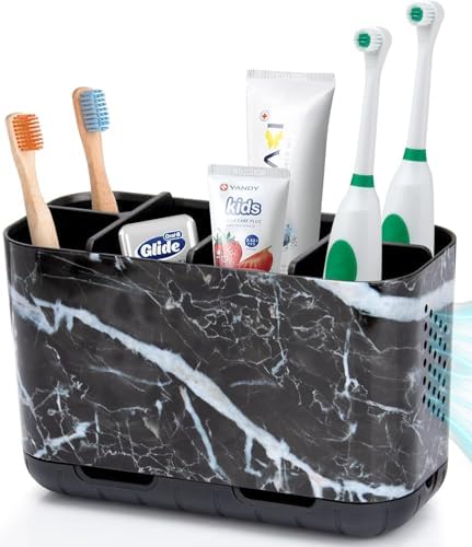 Boperzi Black Toothbrush Holder for Bathroom Toothpaste Organizer Countertop, Detachable Anti-Slip Marble Toothpaste Storage Caddy 6 Slots with Drainage Holes for Makeup Brush Razor Stand