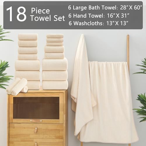 Ycosy 18 Piece Bath Towels Set,100% Microfiber Family Bathroom Towel with Hanging Loops-6 Bath Towels,6 Hand Towels,6 Washcloths,Quick Dry Highly Absorbent Shower Towel for Bathroom,Hotel,Spa-Beige