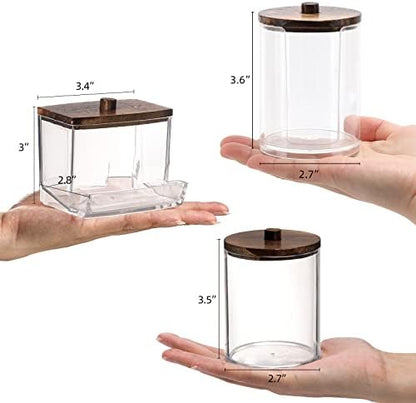 Tbestmax Bathroom Organizer Accessories Set-10 OZ Qtips Holder Storage with Wood Lids, Cotton Ball/Swabs Dispenser, Apothecary Container Jar 3 Pcs