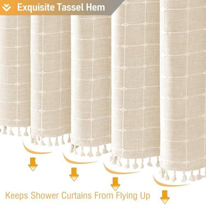 BTTN 72x90 Boho Farmhouse Linen Heavy Duty Shower Curtain Set, Cream/Beige