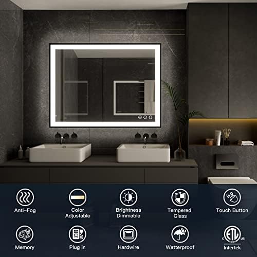 ISKM 40x24 Framed LED Bathroom Mirror, Dimmable Front & Backlit, Anti-Fog
