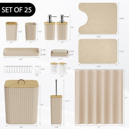 Bathroom Accessory Set - 25PC Bathroom Sets with Shower Curtain and Rugs, Beige Bathroom Set, Bathroom Accessories Set, Shower Curtain Sets with Rugs, Trash Can & Soap Dispenser