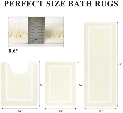 Pauwer Bathroom Rugs 3 Piece Set, Non Slip Washable Bath Mat, Ivory