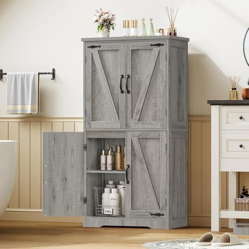 TEENFON Farmhouse Storage Cabinet with 2 Adjustable Shelves, Bathroom Cabinet with 4 Doors, Cupboard for Kitchen, Living Room, Rustic Gray