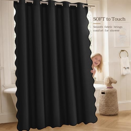 Furlinic Black Scalloped Shower Curtain No Hook Fabric Waterproof 72x96