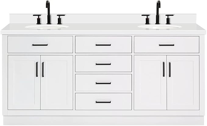 ARIEL Hepburn 72-inch Bathroom Vanity with Sink,Solid Wood, 1.5-inch Pure White Quartz Countertop & Backsplash, Double Oval Porcelain Sink, 4 Soft Closing Doors, 6 Dovetail Drawers, White