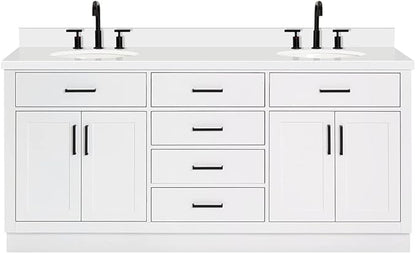 ARIEL Hepburn 72-inch Bathroom Vanity with Sink,Solid Wood, 1.5-inch Pure White Quartz Countertop & Backsplash, Double Oval Porcelain Sink, 4 Soft Closing Doors, 6 Dovetail Drawers, White