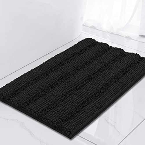 Turquoize Luxury Chenille Bath Rug for Bathroom Rugs Extra Absorbent Bath Mat Non Slip Microfiber Shower Rug for Bathroom Microfiber Shaggy Carpet Rug Size, 17"x 24", Black