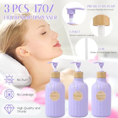 Light Purple Bathroom Accessories Set 17PCS Bathroom Set with Trash Can 3PCS Lotion Soap Dispenser, Toothbrush Holder, Soap Dish,Tumbler Cup,6PCS Wood Tags Bath Accessories with Tray for Bathroom