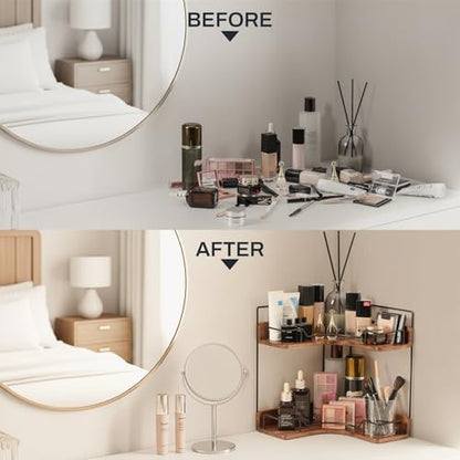 2-Tier Bathroom Counter Organizer, Wooden Corner Shelf for Vanity Countertop Skincare & Makeup, Storage and Organization for Kitchen