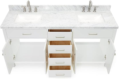Alenza 72 Inch Bathroom Vanity Double Sink — White Bathroom Vanity with Sink, 1.5" Edge Italian Carrara Marble Countertop & Backsplash, 4 Soft-Close Doors, 4 Dovetail Drawers