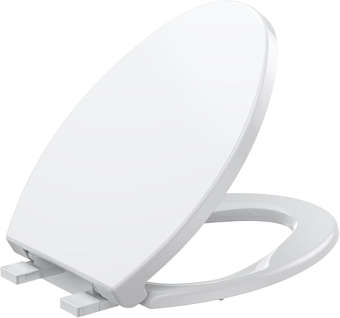 19" Elongated Toilet Seat with Quiet-Close Lid, Soft Close Slow Close Cover with Quick-Release & Quick-Attach Hardware, Full Flat White, Easy Clean Design, Grip-Tight Bumpers