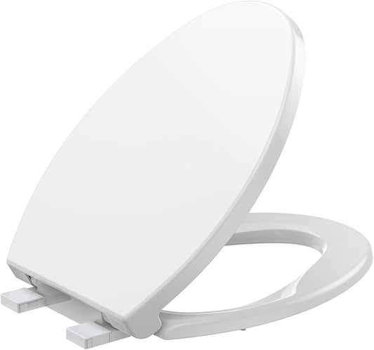 19" Elongated Toilet Seat with Quiet-Close Lid, Soft Close Slow Close Cover with Quick-Release & Quick-Attach Hardware, Full Flat White, Easy Clean Design, Grip-Tight Bumpers
