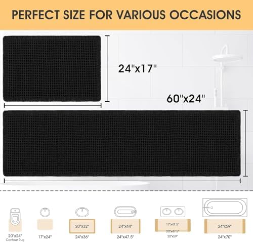 IM HOME Waffle Bath Mat Set 2 Piece Black,Woven Modern Bath Rug Mats, Absorbent Non Slip Bath Floor Mat, Soft Washable Boho Bath Rugs with Tassels for Bathroom, Bedroom, Kitchen,Tub