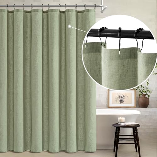 MIULEE W72*L96 Extra Long Linen Shower Curtain Sage Green 12 Metal Hooks