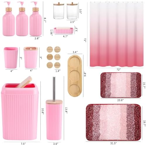 XLHOMO Bathroom Accessories,Bathroom Set with Shower Curtain,Rugs,Trash Can,Lotion Soap Dispenser,Toothbrush Holder,Soap Dish, Tags with Tray（Pink1 ），（Bath Set+Shower Curtain+Bath Rugs）