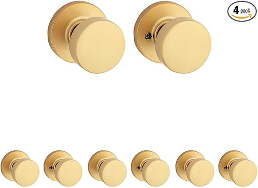 Kwikset Pismo Interior Passage Door Knob, Handle for Closet and Hallway Doors, Non-Locking Doorknob, Satin Brass, Round, Microban Protection (Pack of 4)