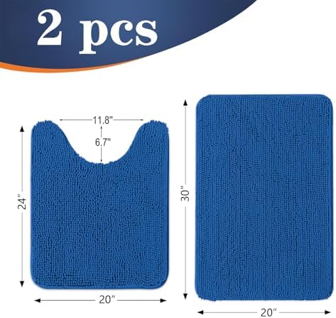 OLANLY Chenille Bathroom Rugs Sets 2 Piece, 30"x20"+24"x20", Deep Navy Blue