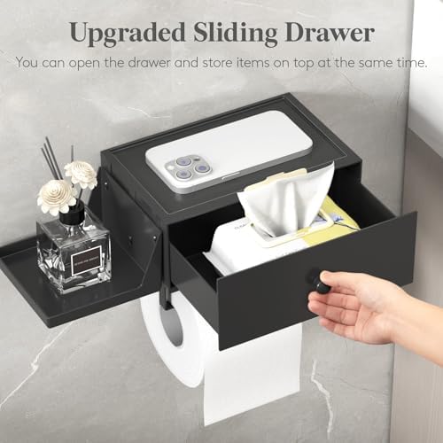 Lifewit Toilet Paper Holder Wall Mount with Shelf & Drawer, Black, 1 Pack