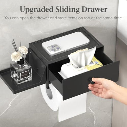 Lifewit Toilet Paper Holder Wall Mount with Shelf & Drawer, Black, 1 Pack