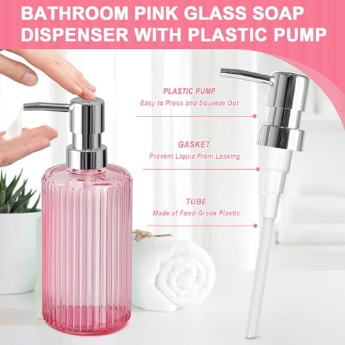 Pink Bathroom Accessories Set, 4 Pcs Glass Bathroom Accessory Set, Pink Soap Dispenser and Toothbrush Holder Set, Qtip Holder Set, Vintage Bathroom Sink Set, Cute Bathroom Decor