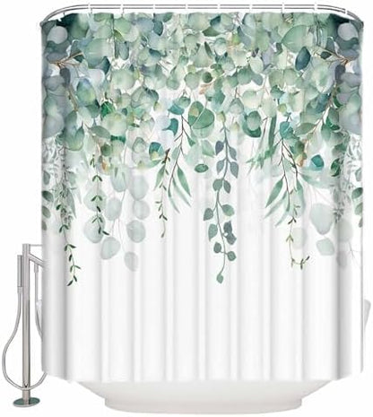 Shower Curtain Bathroom Set Green Eucalyptus Leaf on White Waterproof Shower Curtains with Grommets Hooks Fallen Leaves Watercolor Privacy Bath Curtain for Bathtub Decor 48x72in