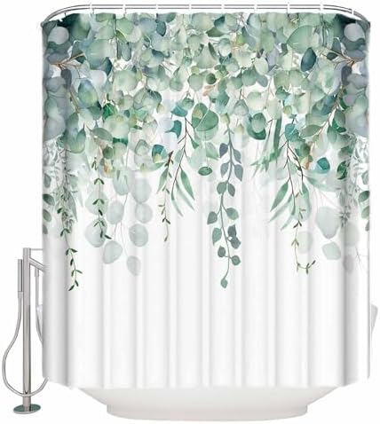 Shower Curtain Bathroom Set Green Eucalyptus Leaf on White Waterproof Shower Curtains with Grommets Hooks Fallen Leaves Watercolor Privacy Bath Curtain for Bathtub Decor 60x72in